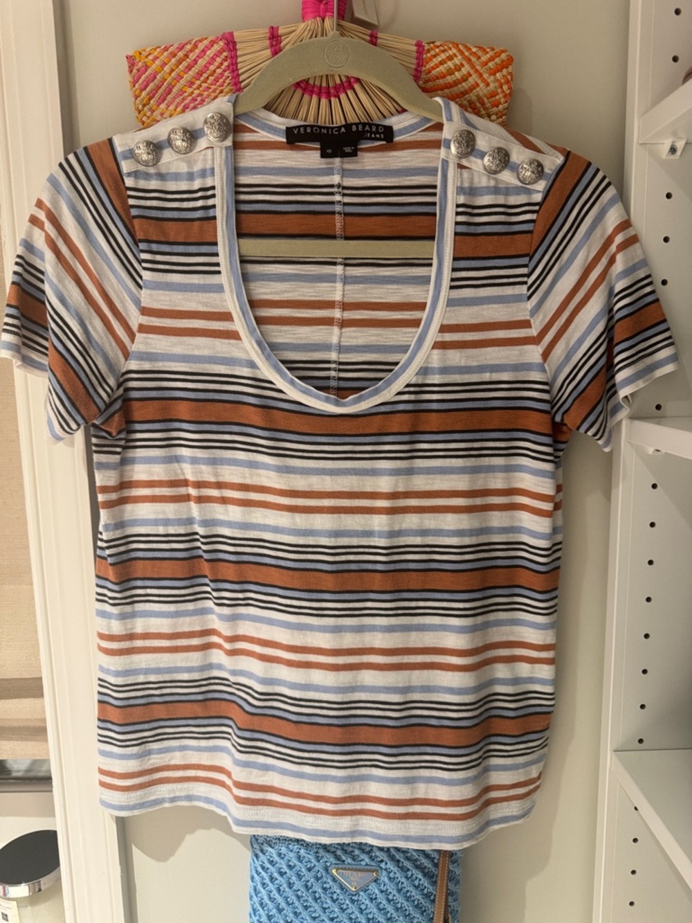 Veronica Beard Striped T Shirt with Buttons XS